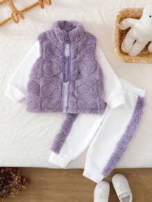 3pcs/Set Baby Girls Winter Outfit, Includes Ribbed Crew Neck Long Sleeve Sweatshirt With Heart Embroidery, Casual Sweatpants With Furry Trim, And Sleeveless High Neck Zipper Sweatshirt - Purple - View 6
