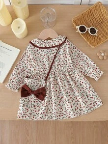 SHEIN 女婴优雅简约彼得潘领杏色连衣裙，黑色撞色蝴蝶结装饰，附赠同款包包 - 棕色 - 查看 2