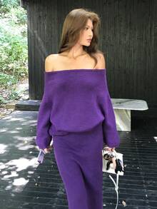 DAZY 1 套女士露肩紫色优雅长袖毛衣和高腰裙，秋冬两件套服装 - 紫色 - 查看 4