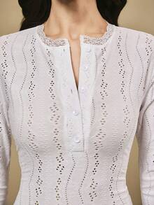 Penseblé Women's Fashionable, Exquisite, Romantic, Elegant Fitted T-Shirt Top, Autumn/Winter - White - View 5