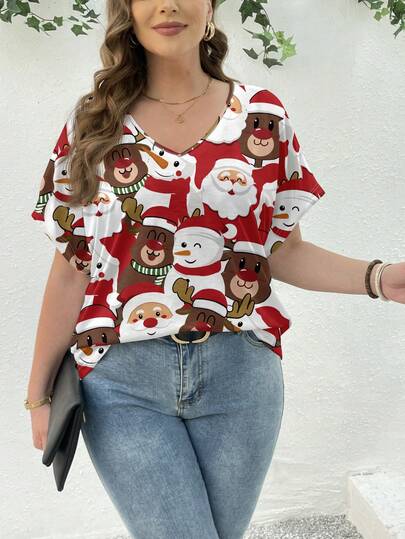 SHEIN Essnce Christmas Casual Minimalist Santa Claus & Snowman Print Loose Fit Plus Size Women V-Neck Short Sleeve T-Shirt, Summer