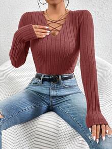 SHEIN Frenchy Áo thun tay dài cổ chữ V raglan màu trơn thường ngày - Màu đỏ tím - Xem 6