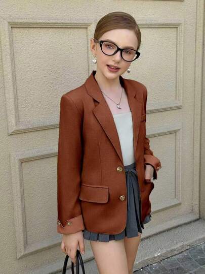 Tween Girl Fashionable Versatile Collegiate Style Collar Jacket