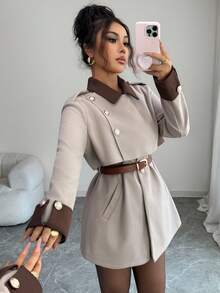 SHEIN PETITE 女士优雅奢华时尚厚外套，不含腰带 - 淺灰色 - 查看 4