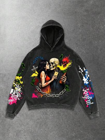 Sweat-shirt à capuche homme mode imprimé flocons de neige noirs sans poches