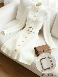 Franclia Women's Cream White Autumn Elegant Everyday Knitted A-Line Dress,Stand Collar Long Sleeve Single-Breasted Sweater Dress With Metal Buckle Belt Slim - Apricot - View 3