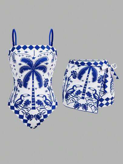 Swim Oasis 1 pieza Traje de baño de una pieza con estampado de palmeras tropicales azul y blanco para mujer, elegante y casual para cubrir en la playa y vacaciones