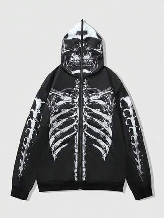 Street Life Sudadera negra para hombre con estampado de calavera, otoño/invierno