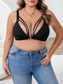 SHEIN CURVE+ Áo hai dây ren cổ chữ V sâu cỡ lớn dành cho nữ - màu đen - Xem 3