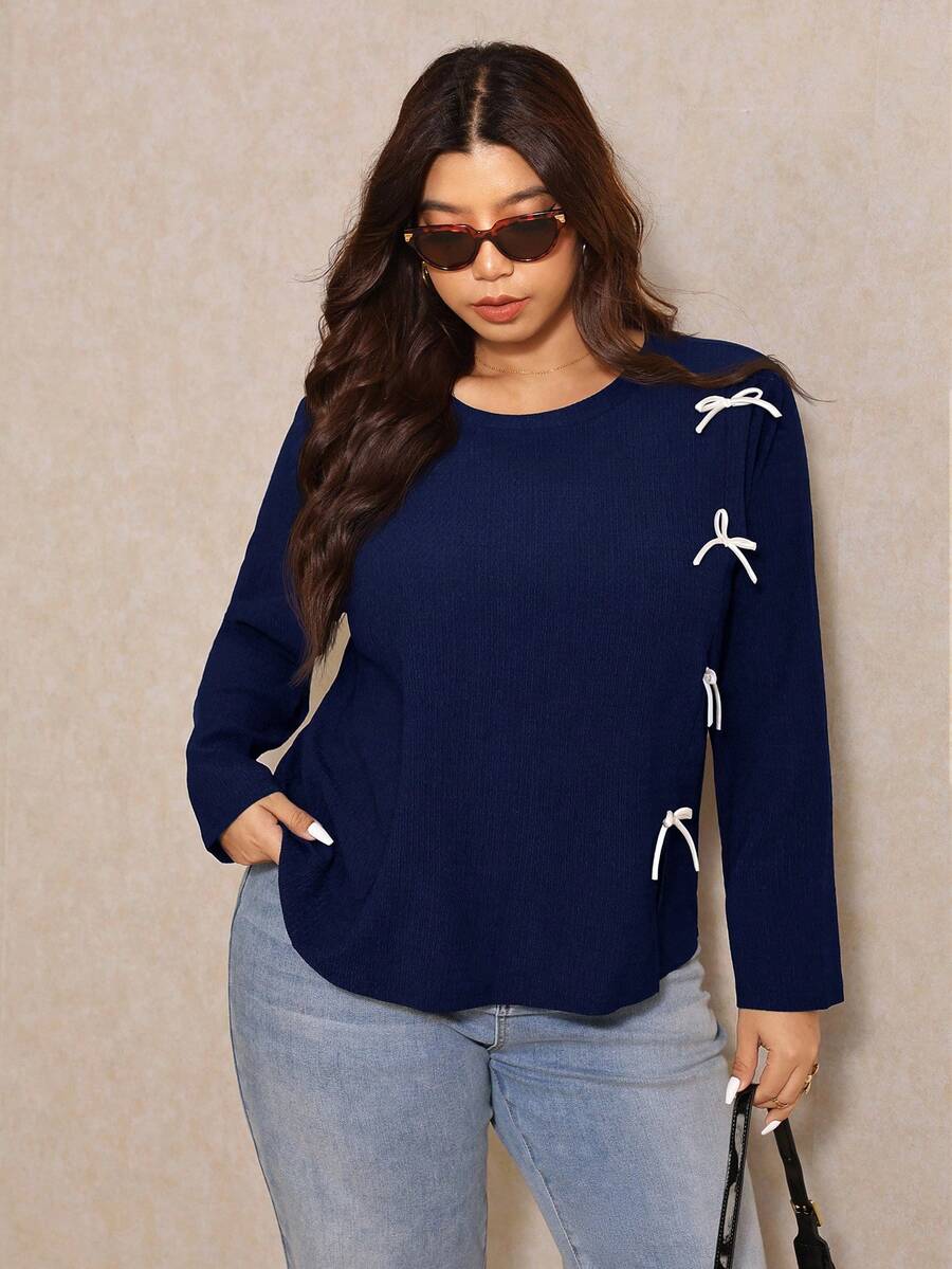 SHEIN Elaquor 大码女式圆领长袖休闲T恤，带蝴蝶结装饰 - 藏蓝色 - 查看 1