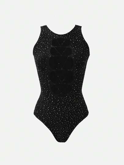 SuitURBody Black Double-Sided Full Rhinestone Shiny Knitted Jumpsuit, Hollow-Out, Skin-Tight, High Elasticity Fabric Showcases Sexy Curves