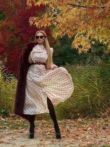 女士优雅简约翻领宽松长款勃艮第红仿皮草冬季外套 - 酒紅色 - 查看 6