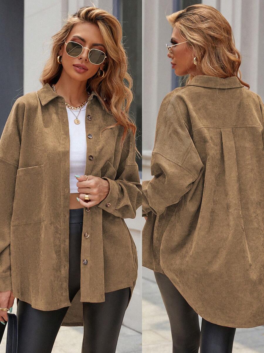EMERY ROSE Women's Solid Color Drop Shoulder Long Sleeve Single Breasted Pocket Casual Jacket, Autumn Fall Winter Cloth For Women - Khaki - View 1