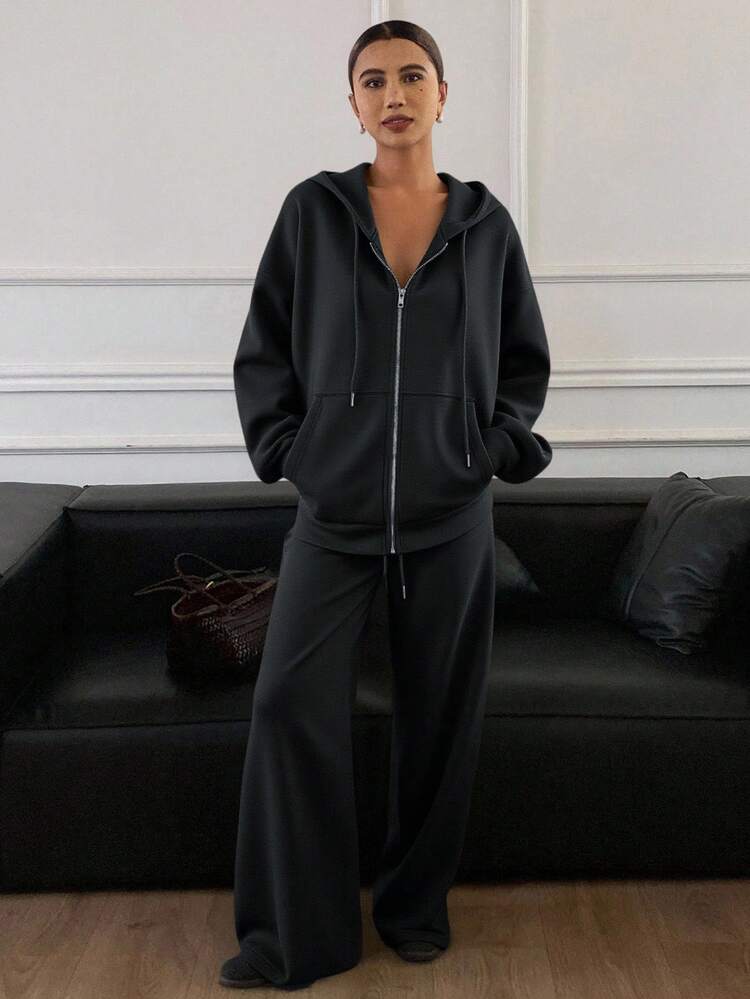 Women's Autumn/Winter Thermal Lined Zip-Up Hoodie And Pants Casual 2 Pieces Set Lounge Sets For Women