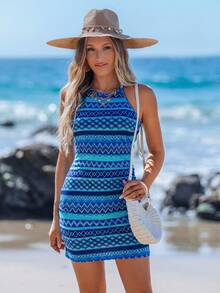 Sylviya Women's Casual Geometric Knit Halter Neck Dress, Spring/Summer Chic Dress - Multicolor - View 1