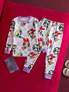 THE POWERPUFF GIRLS X SHEIN 2pcs/Set Young Girl Cute Cartoon Blossom, Bubbles, Buttercup Pattern Crew Neck Long Sleeve Top And Leggings Knit Snug Fit Pajama Set - White - View 2