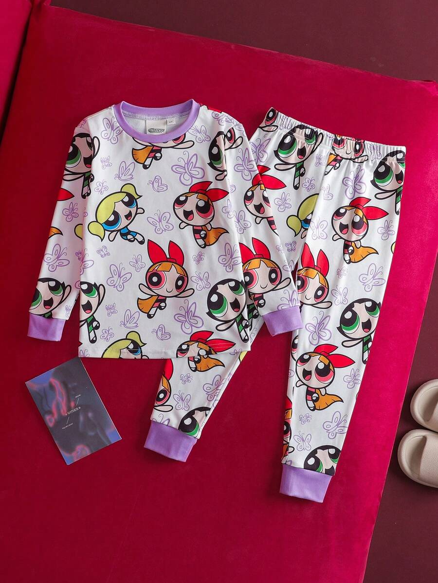 THE POWERPUFF GIRLS X SHEIN 2件套 女童可爱卡通花朵、泡泡、毛茛图案圆领长袖上衣和紧身针织睡裤套装 - 白色 - 查看 1