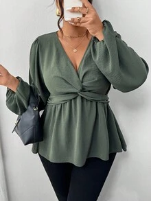 Firerie 大码休闲扭纹下摆长袖衬衫，绿色