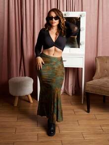 Lupita Cardoza Women's Vintage Flocked Print Fish Tail Skirt For Autumn/Winter Maxi Fall Cloth For Women - Army Green - View 5
