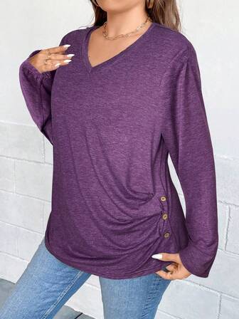 SHEIN Clasi Plus Size Women V-Neck Long Sleeve Pleated Button Design Casual T-Shirt