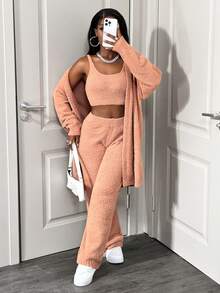 SHEIN BamGlam 3 件套女士针织套装：短款背心、长款开衫和修身裤，纯色休闲简约毛衣套装 - 咖啡棕 - 查看 5