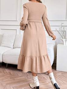 SHEIN 孕妇纯色方领灯笼袖罗纹休闲哺乳连衣裙 - 粉色 - 查看 2