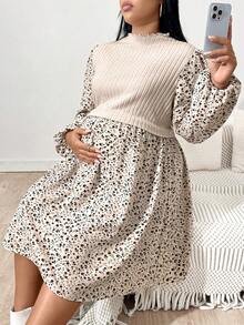 SHEIN Plus-Size Maternity Khaki Patchwork Floral Lantern Sleeve Casual Dress, Long-Sleeved Maternity Dress, Beige Maternity Dress, Women's Casual Dress, Beige Women's Dress.