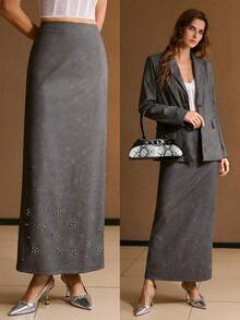 MOTF PREMIUM WOMEN LONG STRAIGHT FITTED RIVET DECOR SKIRT - Dark Grey - View 1