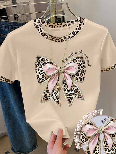 Franclia 女士豹纹蝴蝶结装饰短袖休闲圆领T恤