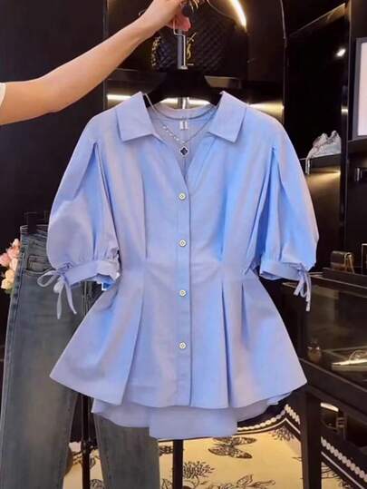 Franclia Elegant Short Sleeve Shirt, Slim Waist Puff Sleeve Blouse, Flattering For Women