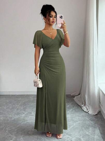 Elenzga Women's Light Purple V-Neck Ruffle Sleeve Pleated Waist Split Dress, Elegant Bridesmaid Dress, Party Gown, Spring/Summer