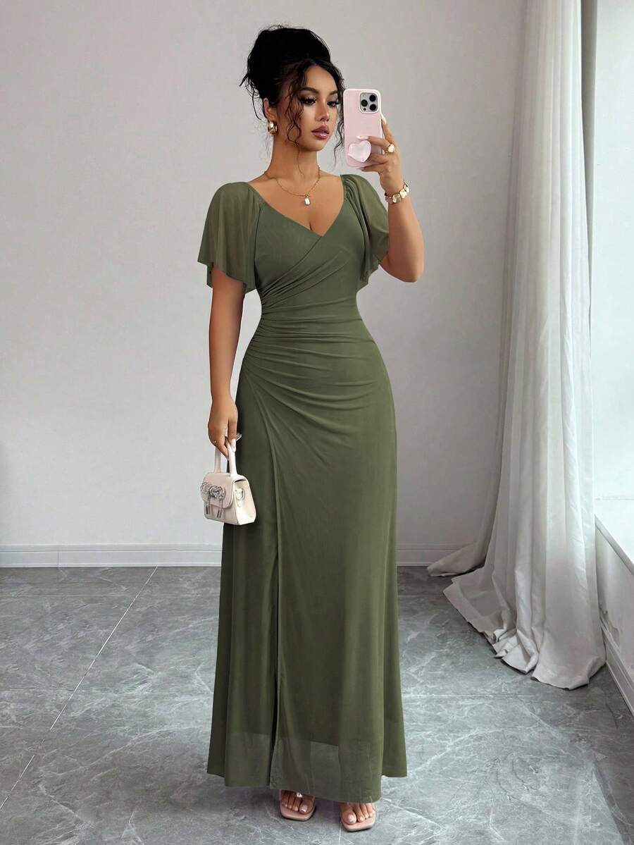 Elenzga 女士浅紫色 V 领荷叶边袖褶皱腰开叉连衣裙，优雅伴娘礼服，派对礼服，春夏 - 軍綠色 - 查看 1