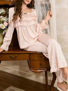 Côtesoire French Romantic Ruffle Satin Women Pajama Set, Winter Clothes - Champagne - View 3