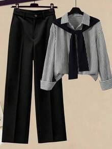 Franclia 女士条纹披肩领衬衫和高腰阔腿裤两件套，春秋季