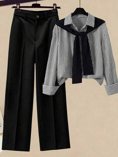 Franclia 女士条纹披肩领衬衫和高腰阔腿裤两件套，春秋季