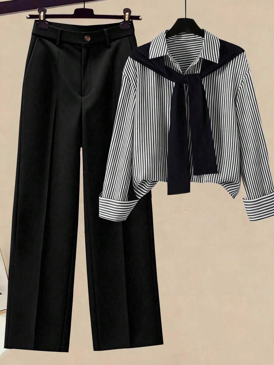 Franclia 女士条纹披肩领衬衫和高腰阔腿裤两件套，春秋季