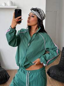 Coolane 冬季女式街头休闲复古运动服大学生舒适条纹纹理装饰健身绿长袖外套 - 墨綠色 - 查看 4