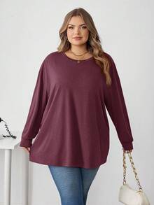 SHEIN CURVE+ Camiseta Casual Solta de Manga Longa com Decote Redondo e Ombros Caídos, Cor Sólida, Plus Size Feminino, Outono/Inverno - Vinho - Visão 8