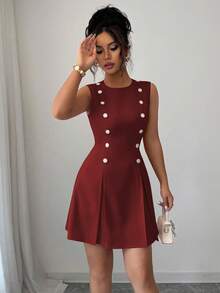 Elenzga Váy ngắn thắt eo đính đá lấp lánh, phong cách Pháp cổ điển thanh lịch, phù hợp cho lễ tốt nghiệp, tiệc tùng, hẹn hò, đi làm, đa năng - Màu Đỏ Sâu - Xem 6