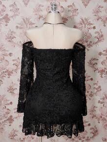 SHEIN ICON Plus Size Black Autumn Elegant Formal Evening Wedding Guest Mini Dress,Y2K Floral Textured Off-Shoulder Flared Sleeve Slim Fit Ruffled Hemline - Black - View 2