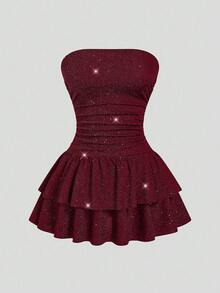 Sweetra Plus Size Metallic Foil Bandeau Double Ruffle Hem Waist Cinched Party Dress - Red - View 1