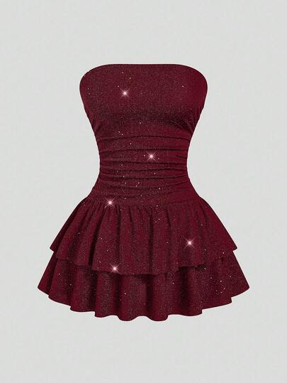 Sweetra 加大码金属箔抹胸双荷叶边下摆束腰派对连衣裙