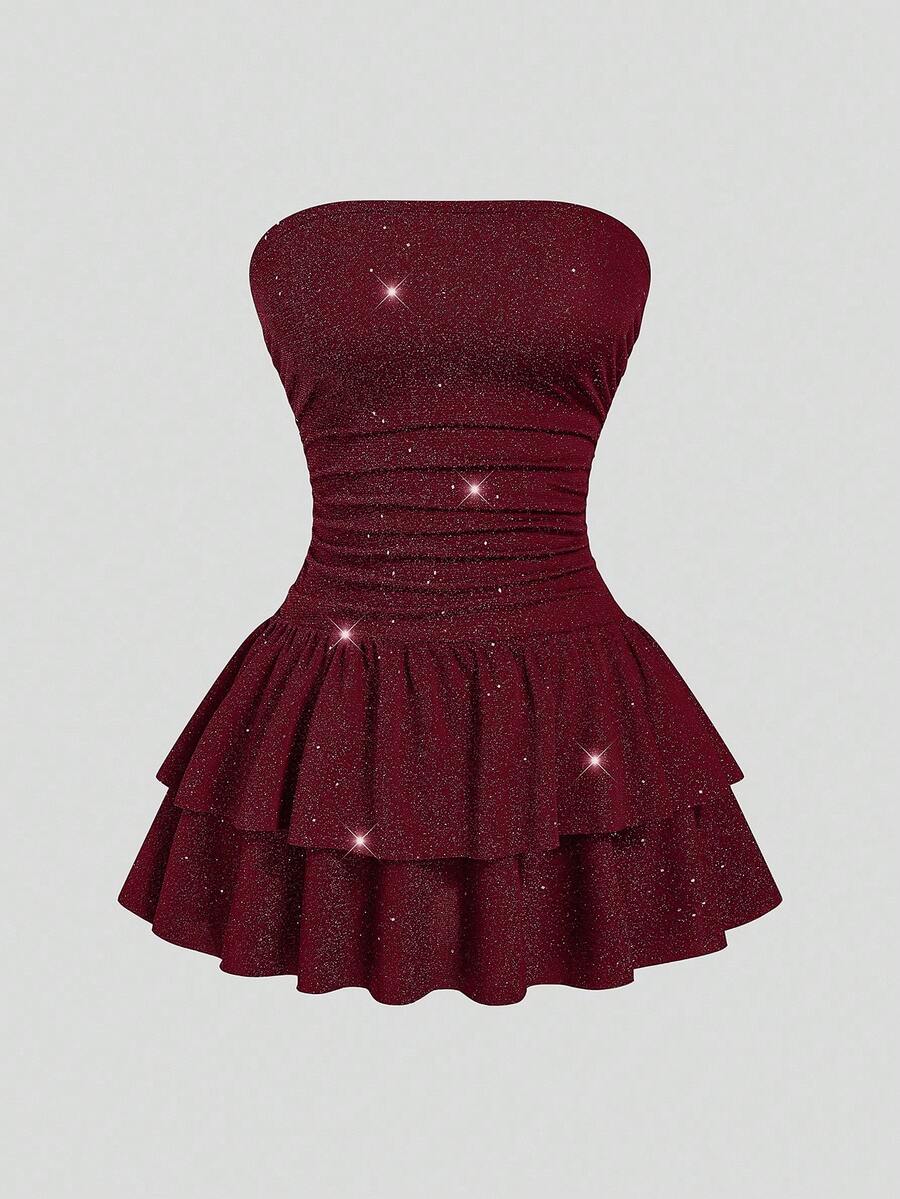 Sweetra Plus Size Metallic Foil Bandeau Double Ruffle Hem Waist Cinched Party Dress - Red - View 1