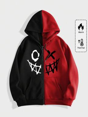 Street Life sweat-shirt à capuche zippé, doublé thermique, avec cordon de serrage, motif graphique de dessin animé bicolore, pour hommes. Idéal pour l'école, l'automne et l'hiver. Top à manches longues