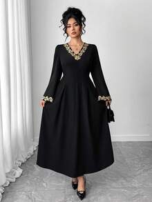 Elenzga Women's Elegant Gold Lace Trim V-Neck Long Sleeve Flare Dress - Black - View 4