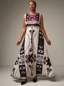 SHEIN Tall CURVE Street Style Plus Size Women Tropical Rainforest Print Sleeveless Maxi Dress,Boho Clothes Women Graphic Dress Unique Dress Patchwork Dress Floral Print Maxi Dress Abstract Print Dress Patch Work Dress Long Dress Summer Mexican Style Dress Women