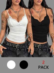 Coolane 女士秋季演唱会 Y2K 基本款日常休闲街头风蕾丝拼接露脐吊带背心 - 黑與白 - 查看 6