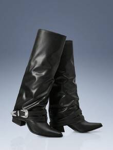 CUCCOO GRLICON 女士简约舒适木跟保暖套脚靴，适合万圣节、圣诞节、派对、Y2K风格穿搭、秋冬季穿着。 - 黑色 - 查看 2