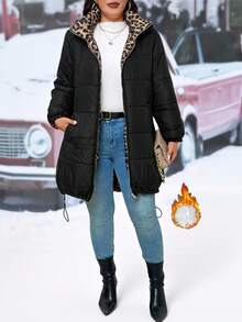 EMERY ROSE Plus Size Casual Hooded Reversible Black & Leopard Print Mid-Length Padded Coat - Multicolor - View 4