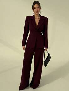 Aloruh 女士优雅商务套装，外套和裤子 - 中紫紅色 - 查看 8